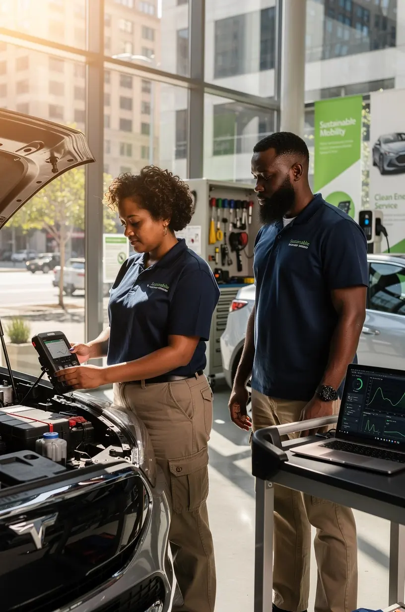 Technician performing advanced battery diagnostics on a hybrid electric vehicle at a specialized service station in the USA